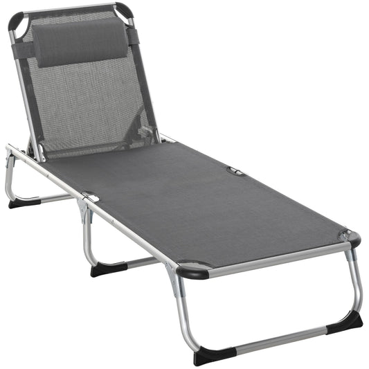 Foldable Reclining Sun Lounger Lounge Chair Camping Bed Cot with Pillow 5-Level Adjustable Back Aluminium Frame Grey