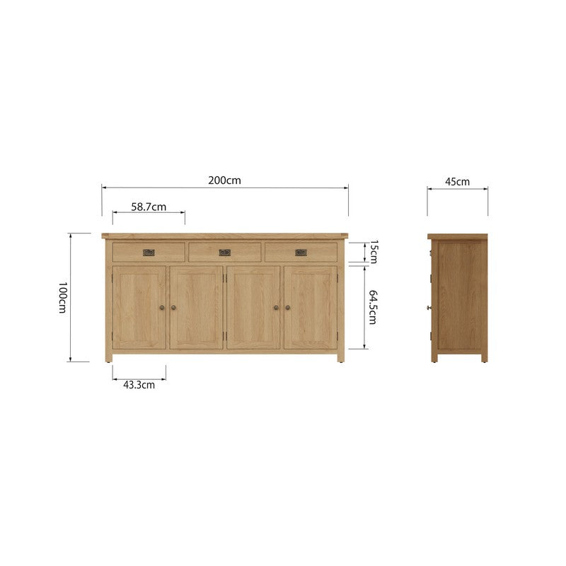 Norfolk Furniture Cotswold Oak Large Sideboard Natural 4 Doors 2 Shelves 3 Drawers