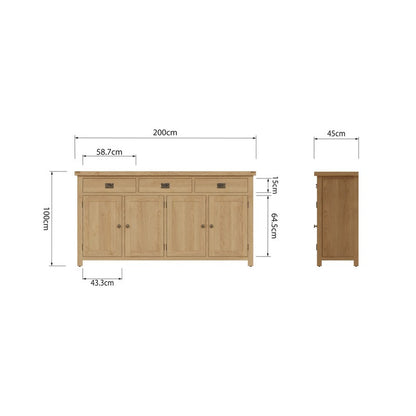 Norfolk Furniture Cotswold Oak Large Sideboard Natural 4 Doors 2 Shelves 3 Drawers