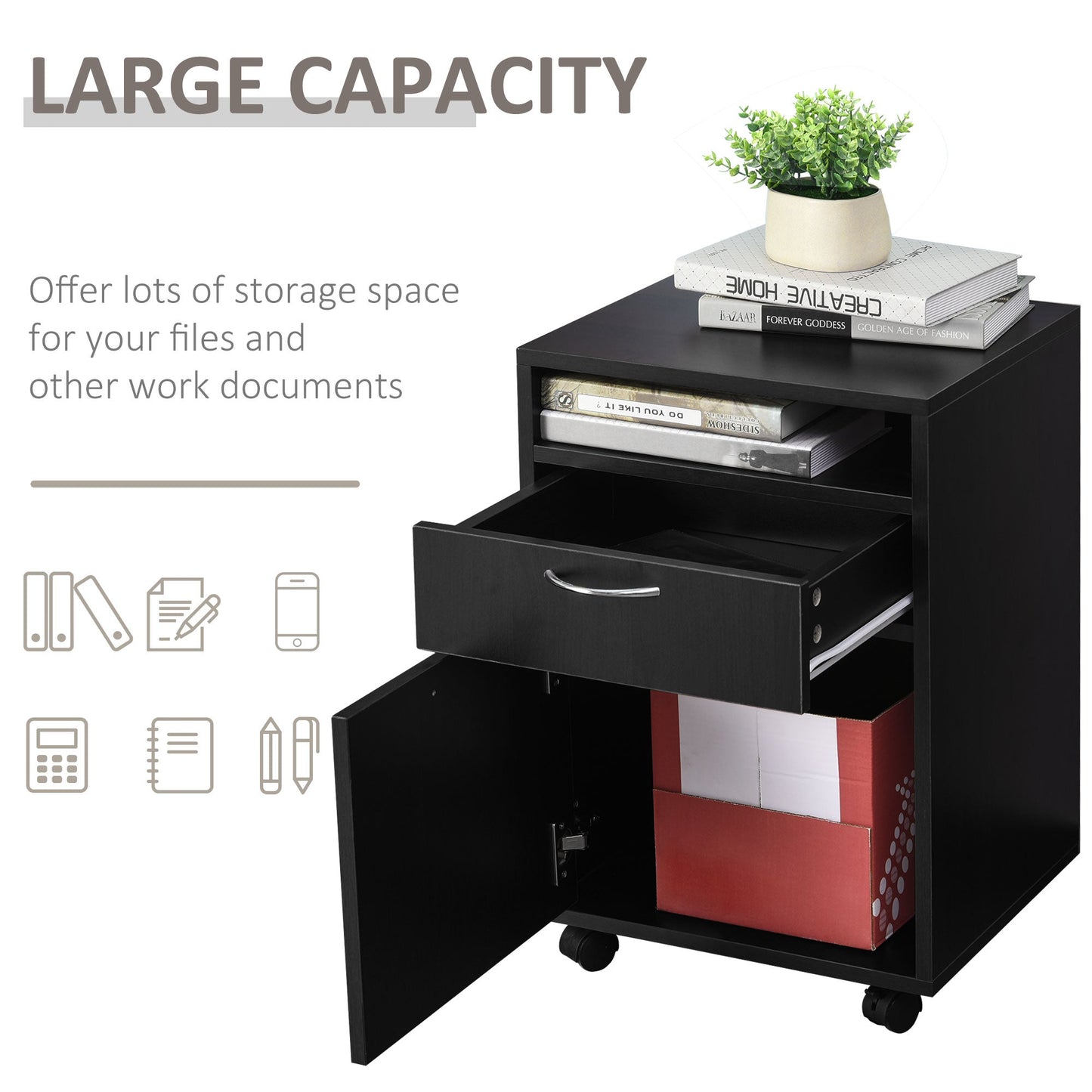 60cm Storage Cabinet w/ Drawer Open Shelf Metal Handles 4 Wheels Office Home Organiser Mobile Printer Black