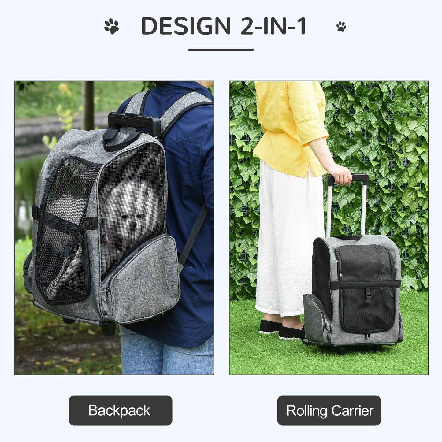 PawHut Pet Travel Backpack Bag Cat Puppy Dog Carrier w/ Trolley and Telescopic Wheel