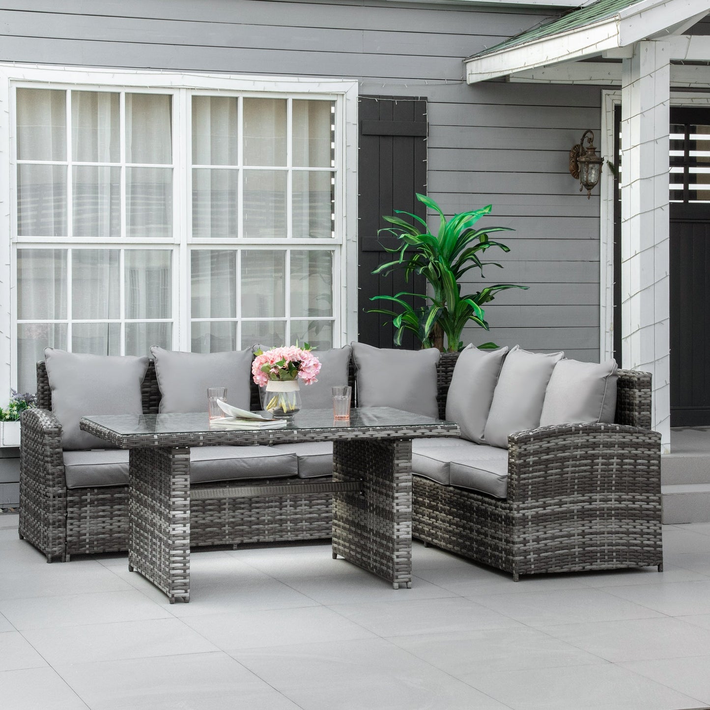 3-Piece PE Rattan Corner Dining Set Outdoor Garden Patio Sofa Table Furniture Set w/ Cushions Grey