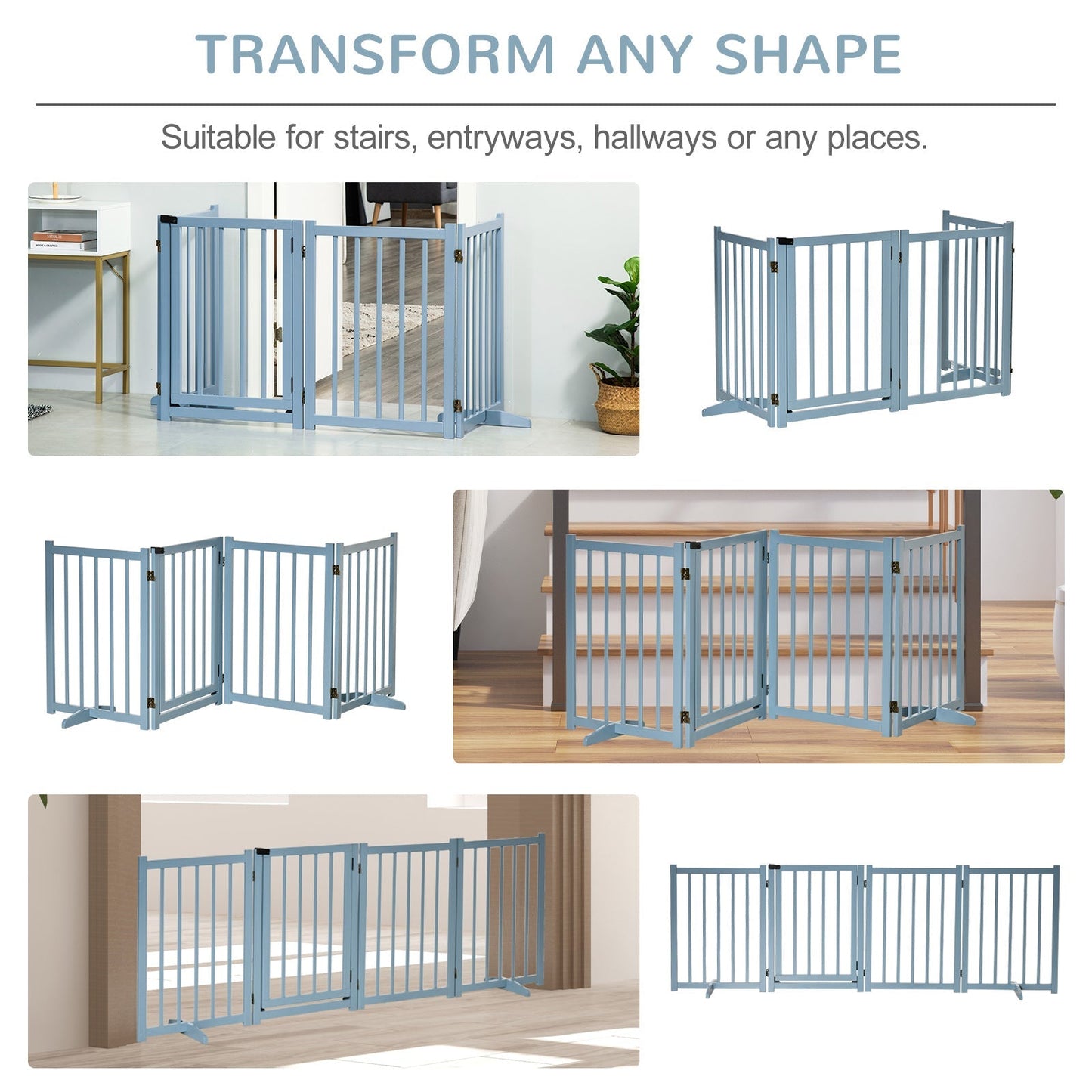 PawHut Pet Gate Wooden Foldable Dog Safety Barrier w/ 4 Panels for Small and Medium Dogs Blue