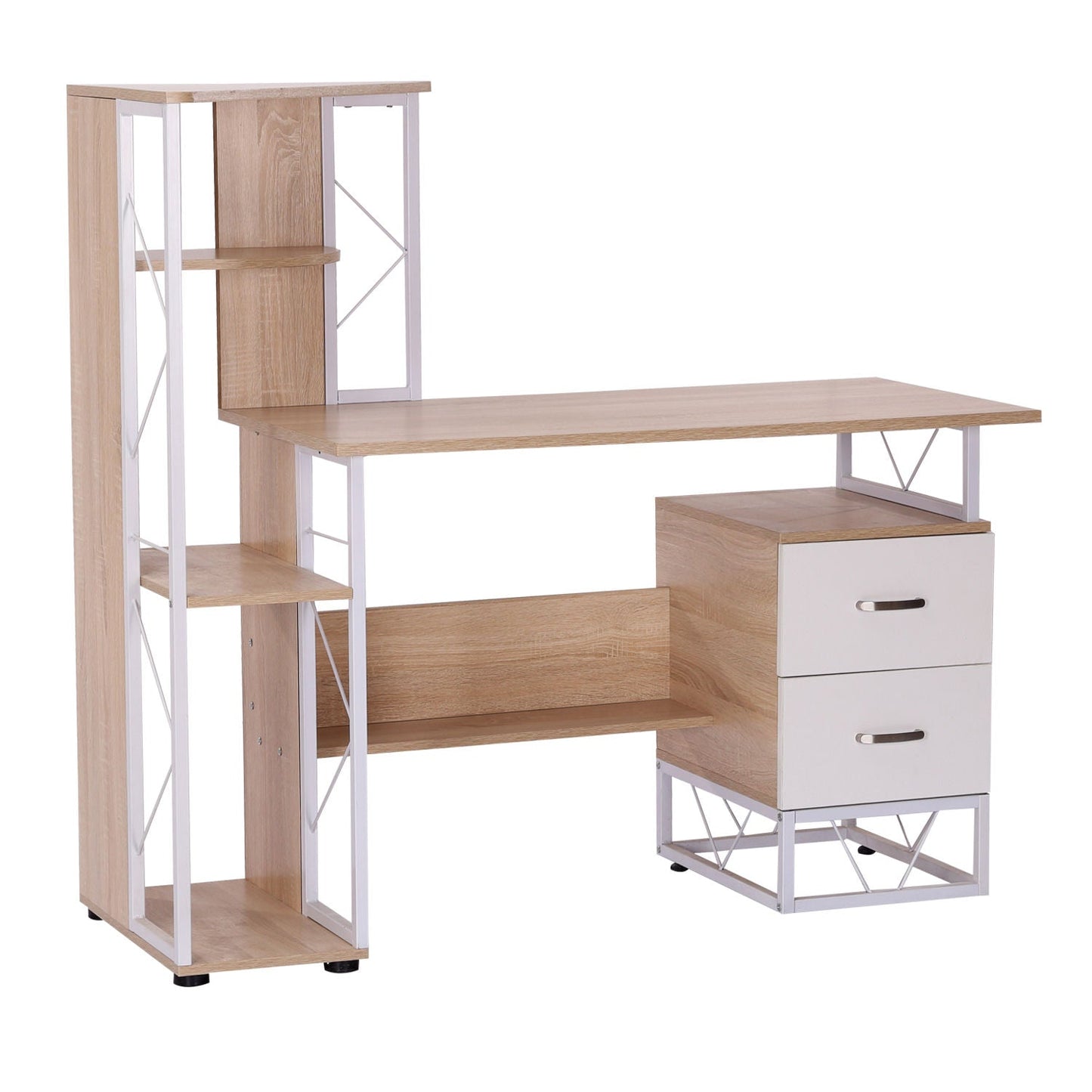 Computer Desk with Drawers and Bookshelf