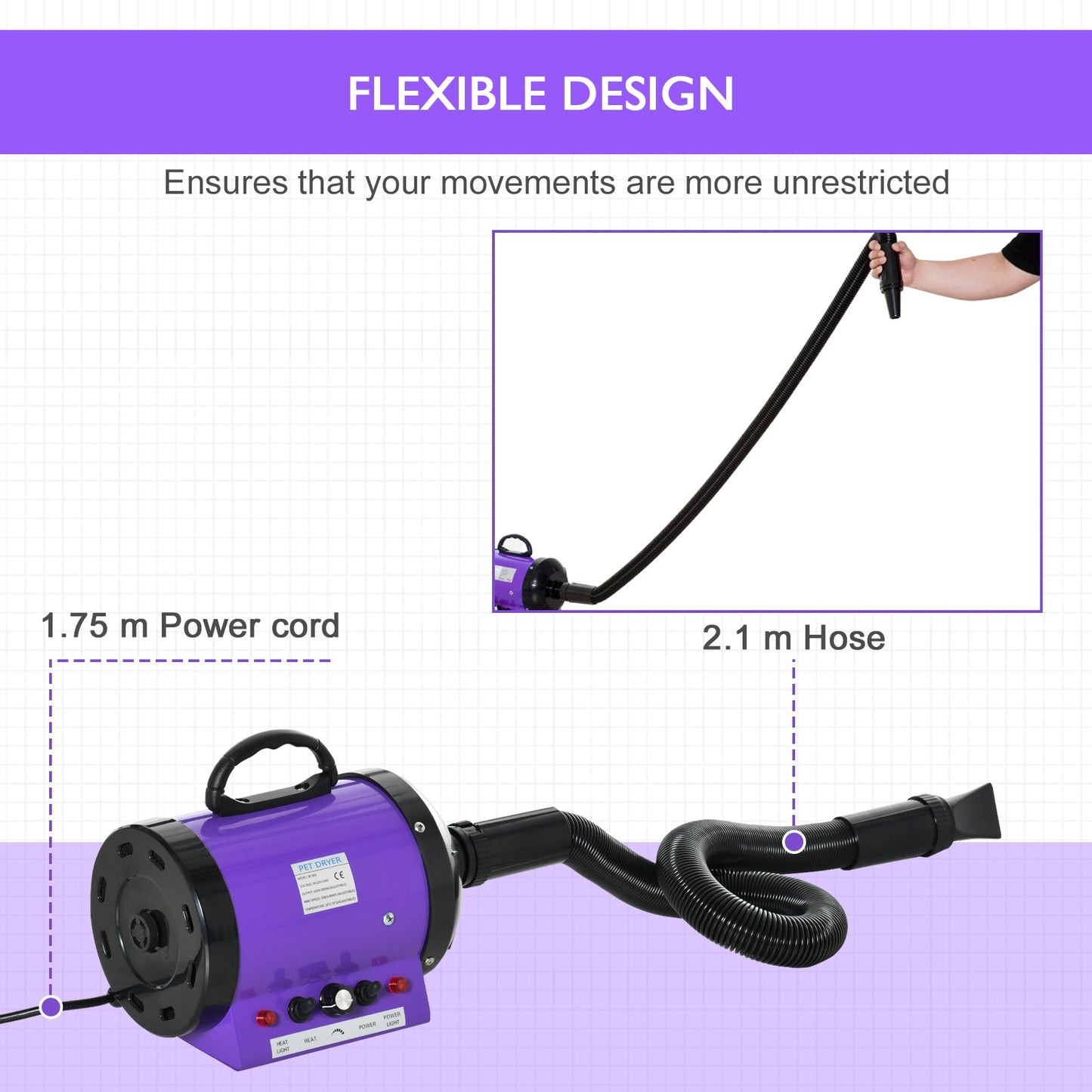 Pawhut 2800W Dog Pet Grooming Hairdryer Heater With Three Nozzles - Purple