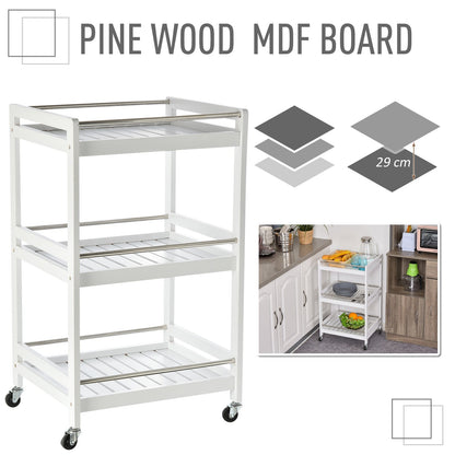 3-Tier Home Trolley Kitchen Storage Cart w/ Steel Bars 4 Universal Wheels Rolling Unit Organiser Living Room White