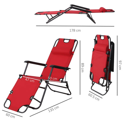 2 in 1 Sun Lounger Folding Reclining Chair Garden Outdoor Camping Adjustable Back with Pillow Red