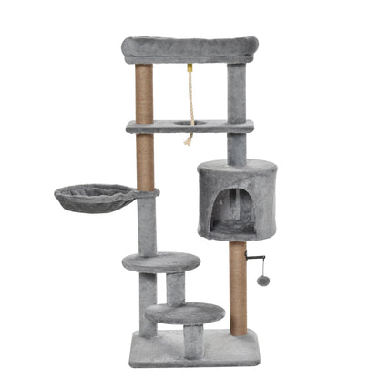 PawHut Cat Tree Tower for Indoor Cats 120cm Climbing Kitten Activity Center with Jute Scratching Post Perch Hanging Ball Hammock Teasing Rope Condo Toy Light Grey