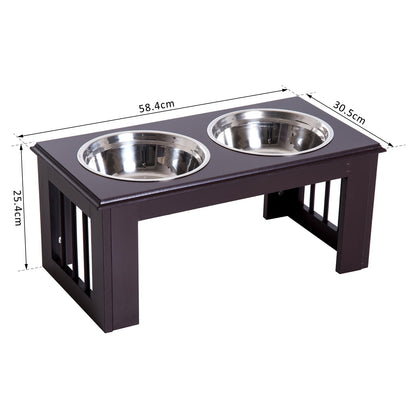 PawHut Stainless Steel Raised Dog Feeding Bowls with Stand for Small Medium Dogs Elevated Twin Pet Bowls Water Food Feeder 58.4L x 30.5W x 25.4H cm - Brown