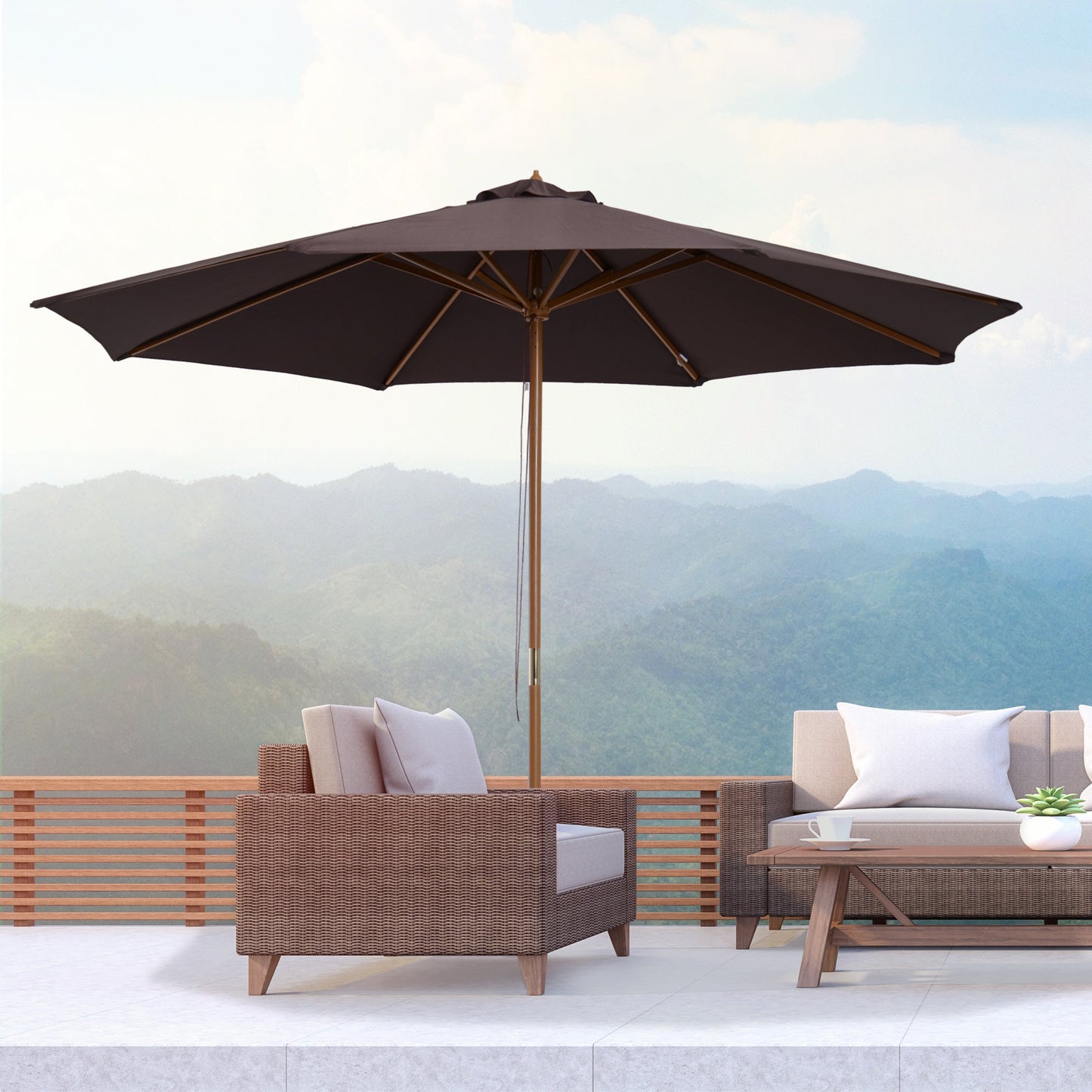 Outsunny 3(M) Fir Wooden Parasol Garden Umbrellas 8 Ribs Bamboo Sun Shade Patio Outdoor Umbrella Canopy Coffee