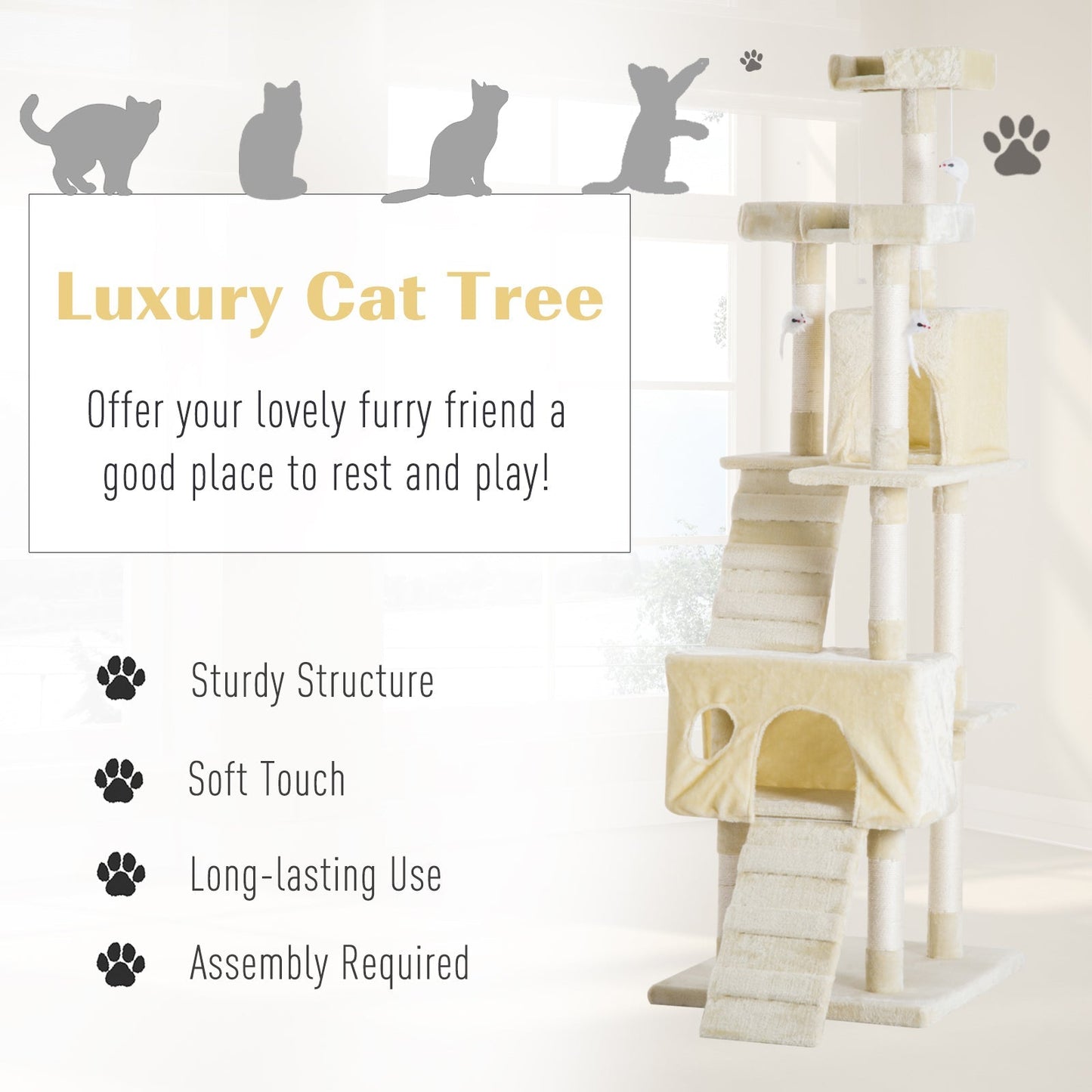 PawHut Cat Tree Scratching Post 27L27W28.5H cm-Beige