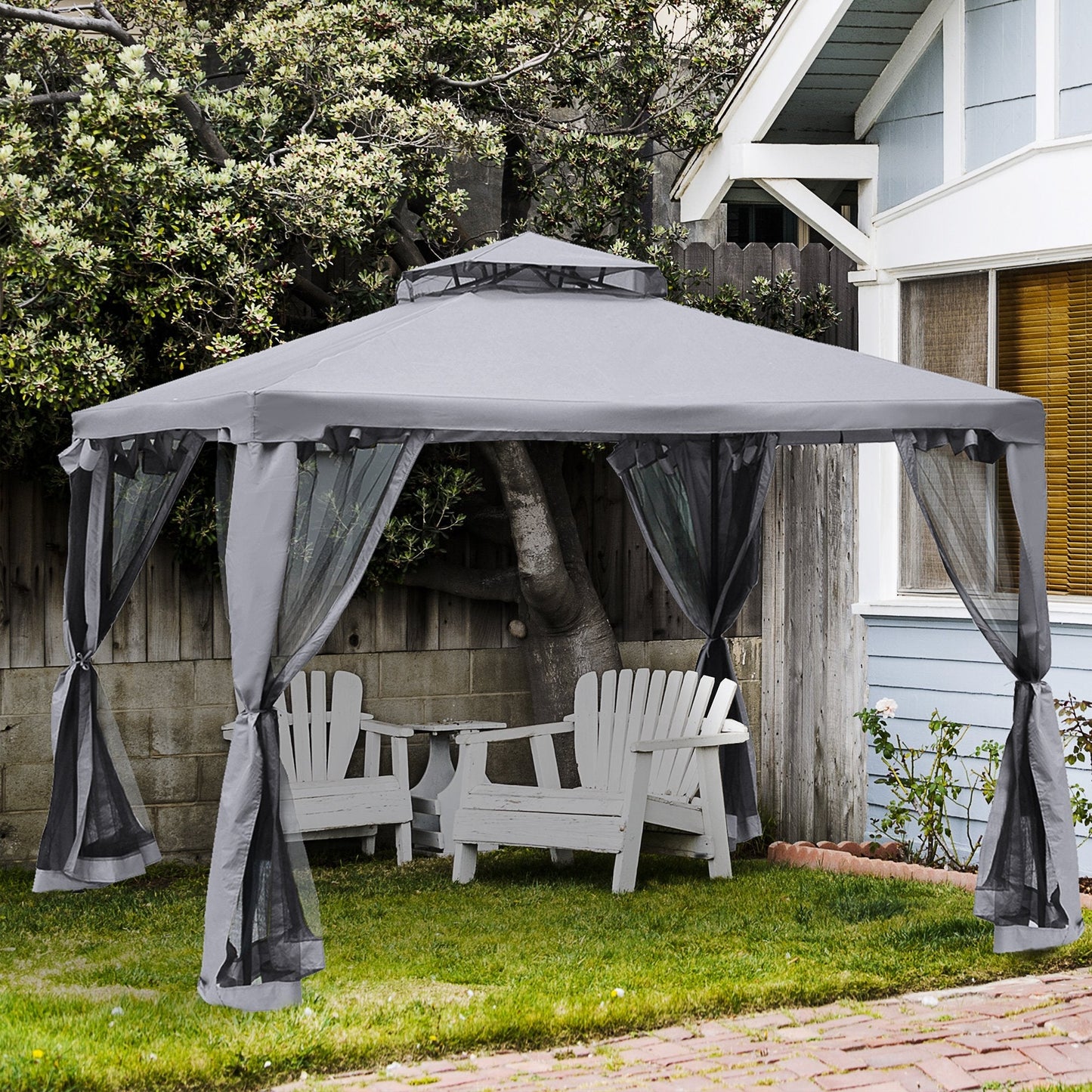 3 x 3 Meter Metal Gazebo Garden Outdoor 2-tier Roof Marquee Party Tent Canopy Pavillion Patio Shelter with Netting - Grey