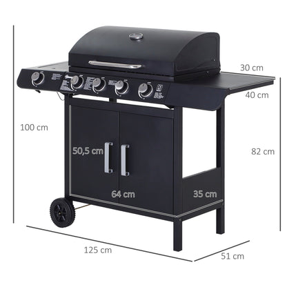 Outsunny 4+1 Gas Burner Grill Bbq Trolley Backyard Garden Smoker Side Burner Barbecue With Storage Side Table Wheels