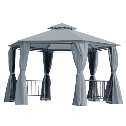 3 x 3M Hexagon Gazebo Patio Canopy Party Tent Outdoor Garden Shelter w/ 2 Tier Roof & Side Panel - Grey