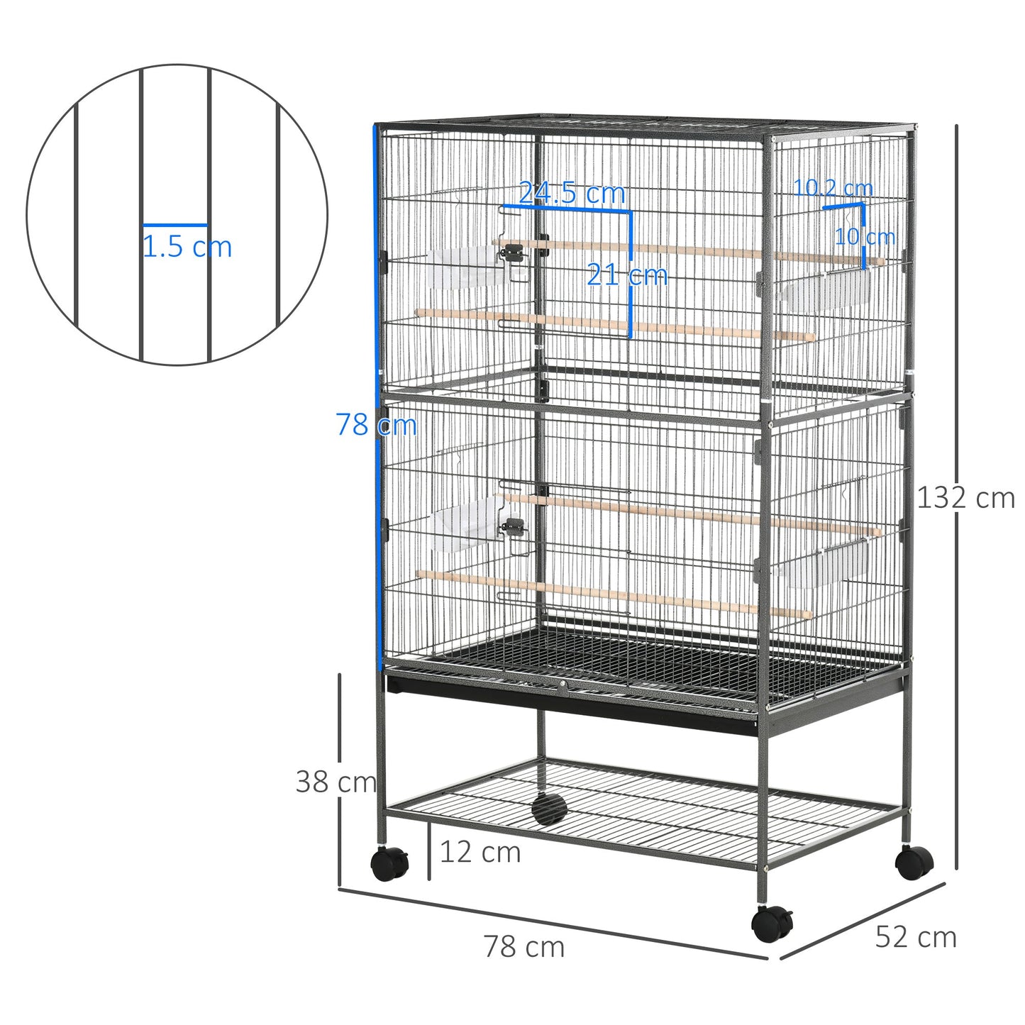 Grille 132cm Bird Cage Wheeled Black by Pawhut