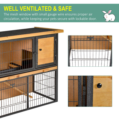 PawHut Wood-metal Rabbit Hutch Guinea Pig Hutch Elevated Pet House Bunny Cage with Slide-Out Tray Openable Roof Outdoor 89.5 x 45 x 81cm Light Yellow