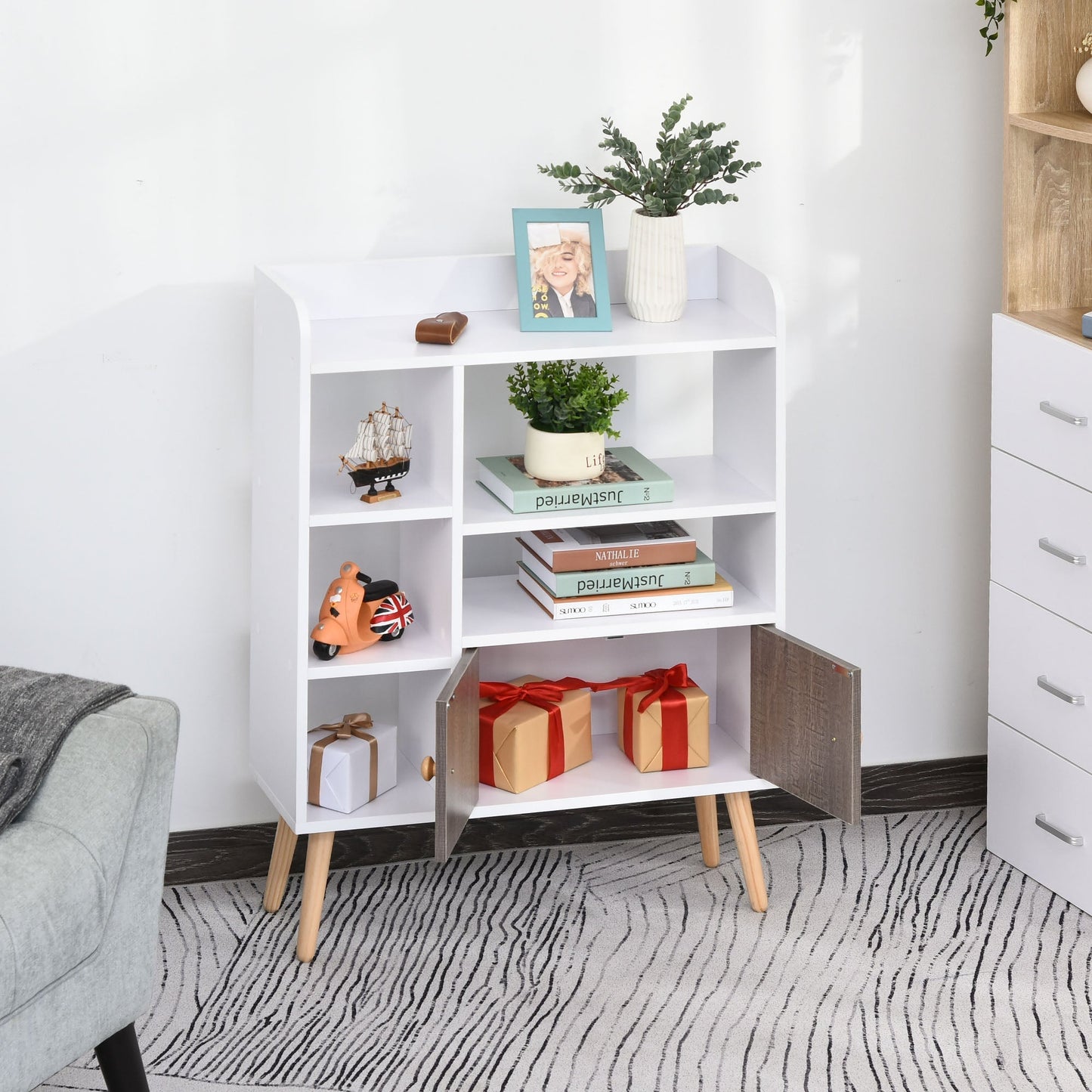 Multi-Shelf Modern Bookcase Freestanding Storage w/ Cabinet 6 Shelves Wood Legs Home Office Display Furniture Stylish White