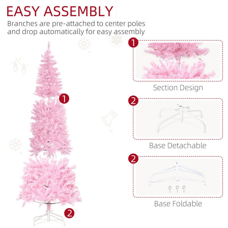 Homcom 7ft Prelit Christmas Tree Artificial - Pink with LED Lights Warm White 818 Tips