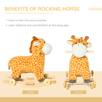 2 In 1 Kids Todder Rocking Horse Plush Ride On Giraffe Rocker with Wheels Wooden Base Animal Sounds for 36-72 Months