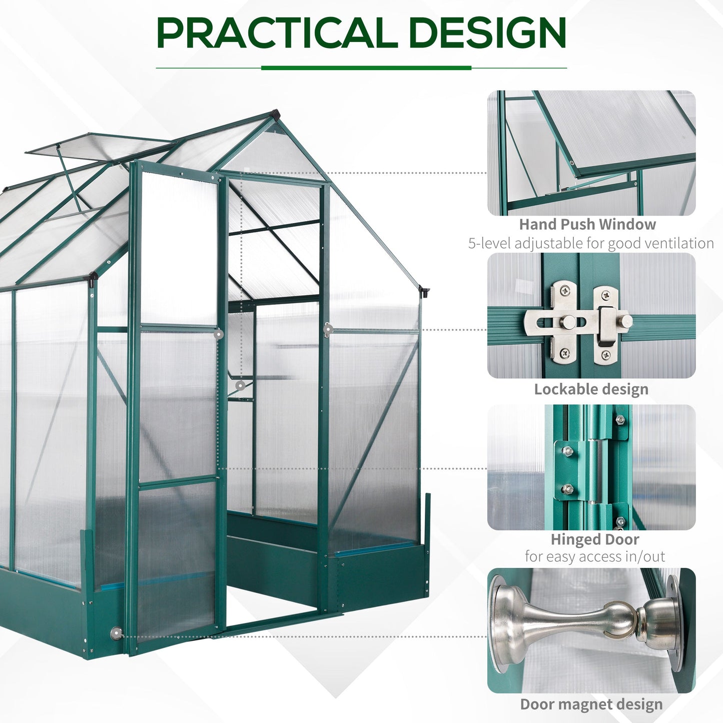 Garden Walk-in Aluminium Greenhouse Polycarbonate with Plant Bed