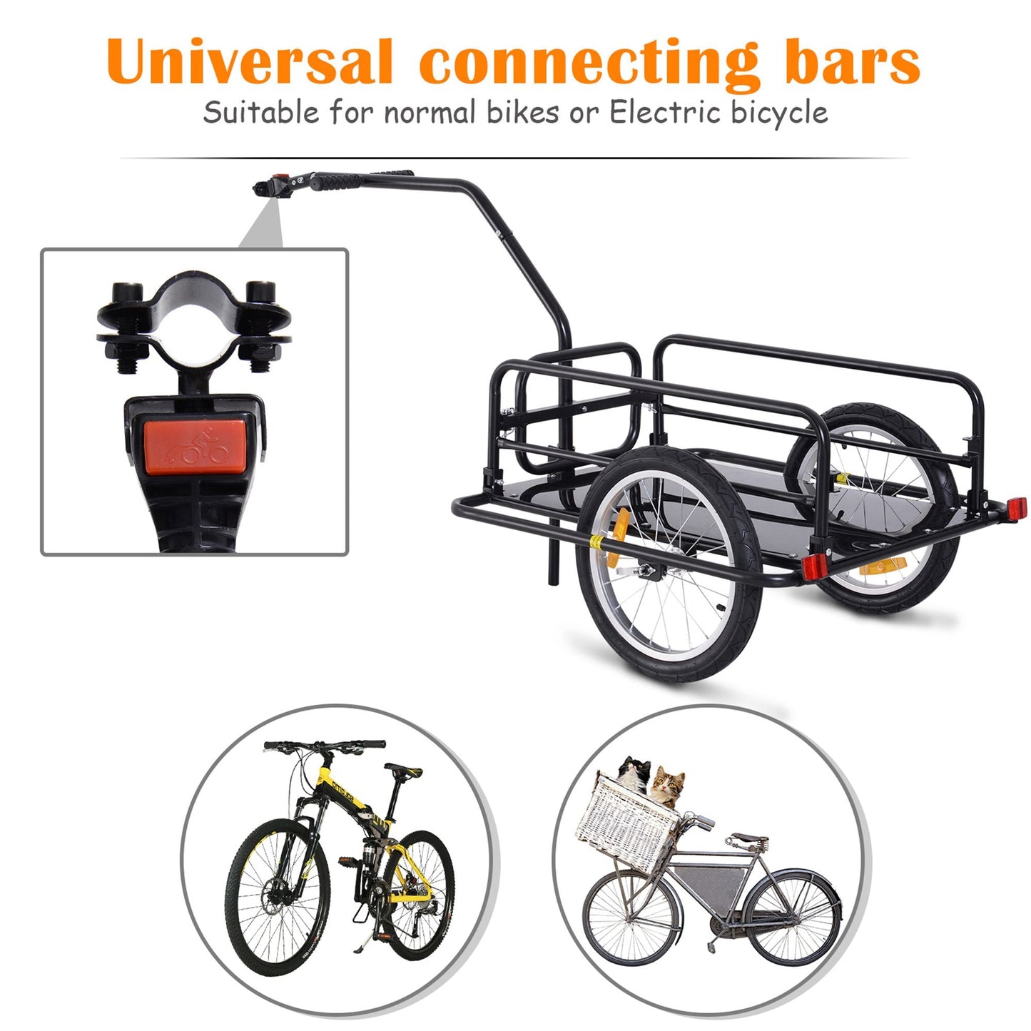 Bike Cargo Trailer Bicycle Cargo Storage Cart w/ Hitch Cycling Camping Luggage Storage Carrier Transport Steel Black