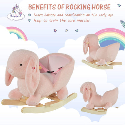 Kids Children Rocking Horse Plush Ride On Rabbit Seat w/ Sound Wood Base Seat Safety Belt Toddler Baby Toy Rocker Pink 18 - 36 Months