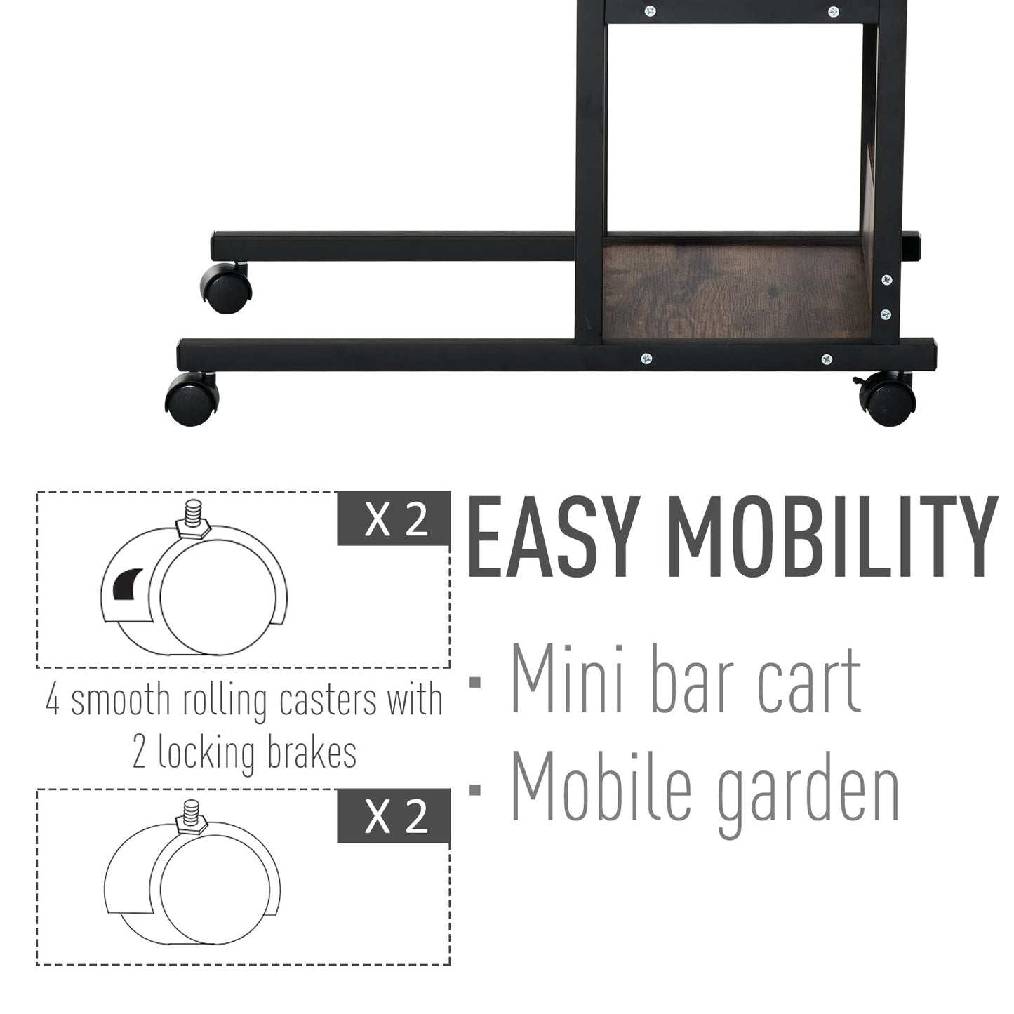 C-Shaped Side Table Industrial Mobile Rolling End Desk with 3-Tier Storage Shelving