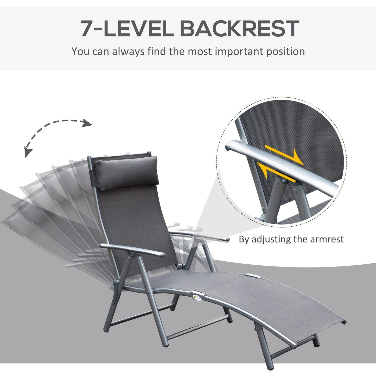 Sun Lounger Steel Frame Outdoor Folding Chaise Texteline Lounge Chair Recliner with Headrest & 7 Levels Adjustable Backrest