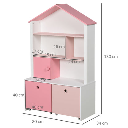 Homcom Kids Bookshelf Chest W/ Drawer With Wheels Baby Toy Wood Organizer Display Stand Storage Cabinet 80X34X130cm Pink