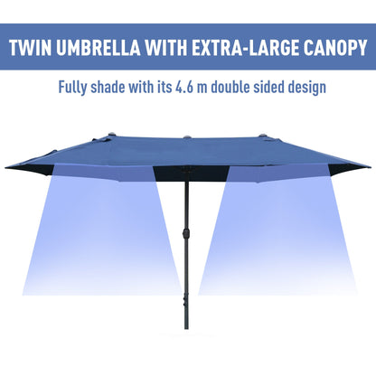 Outsunny 4.6M Sun Umbrella Canopy Double-Sided Crank Sun Shade With Cross Base Dark Blue