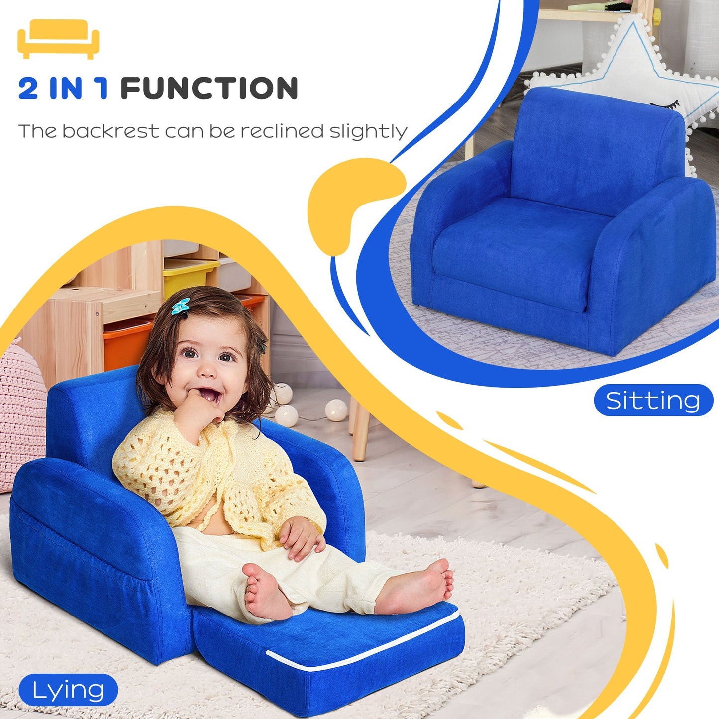 2 In 1 Kids Children Sofa Chair Bed Folding Couch Soft Flannel Foam Toddler Furniture for 3-4 years old Playroom Bedroom Living Room