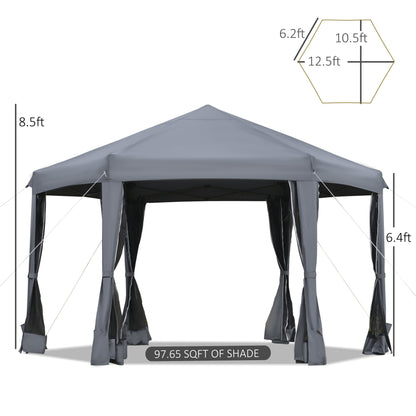 Outsunny 3.2 x 3.2M Pop Up Gazebo Hexagonal Canopy Tent Outdoor Sun Protection With Mesh Sidewalls Handy Bag Grey