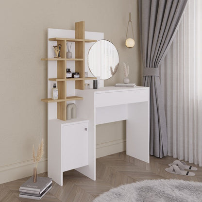 Freyja Tall Dressing Table Natural & White 1 Door 5 Shelves 1 Drawer