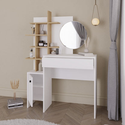 Freyja Tall Dressing Table Natural & White 1 Door 5 Shelves 1 Drawer