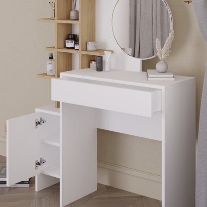 Freyja Tall Dressing Table Natural & White 1 Door 5 Shelves 1 Drawer