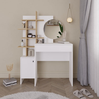 Freyja Tall Dressing Table Natural & White 1 Door 5 Shelves 1 Drawer