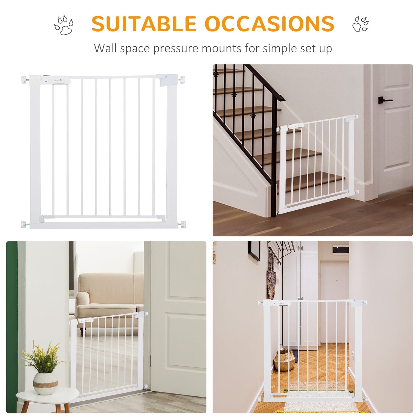 Pawhut Adjustable Pet Safety Gate Dog Barrier Home Fence Room Divider Stair Guard Mounting White (76 H X 75-82W cm)