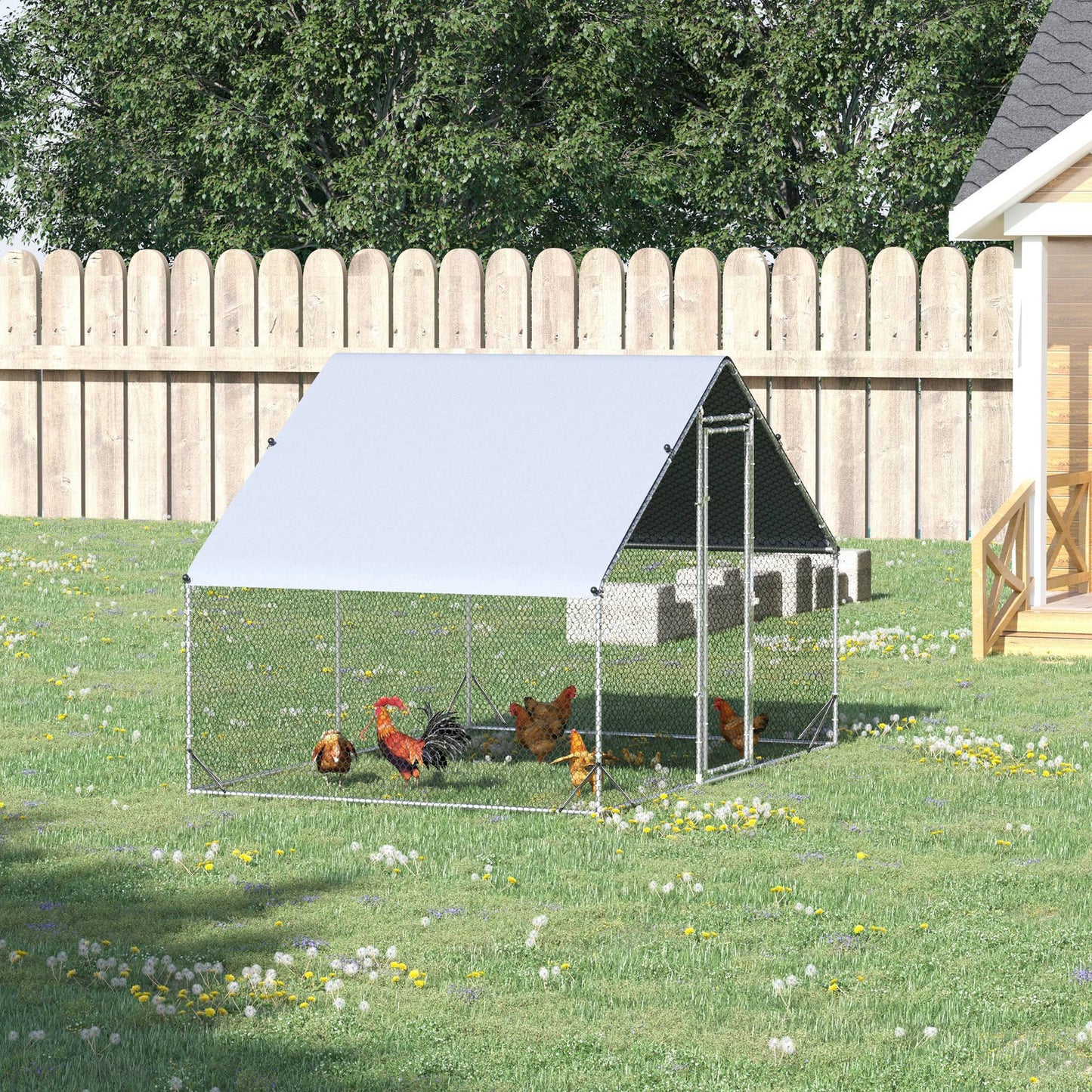 PawHut Walk In Chicken Run Galvanized Chicken Coop Hen Poultry House Cage Rabbit Hutch Pet Playpen Backyard With Water-Resist Cover