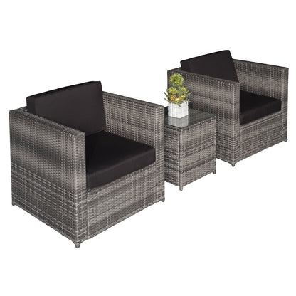 3-Pieces Outdoor PE Rattan Bistro Set with 10cm Cushions