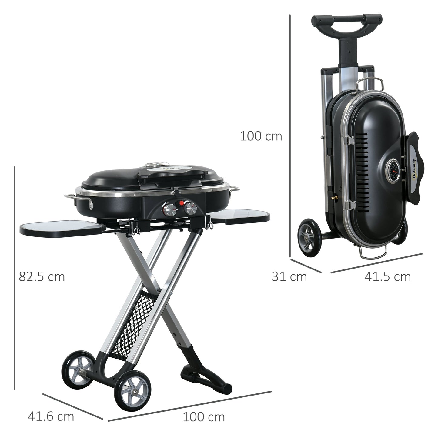 Outsunny Foldable Gas BBQ Grill 2 Burner Garden Barbecue Trolley w/ Lid Side Shelves Storage Pocket Piezo Ignition Thermometer