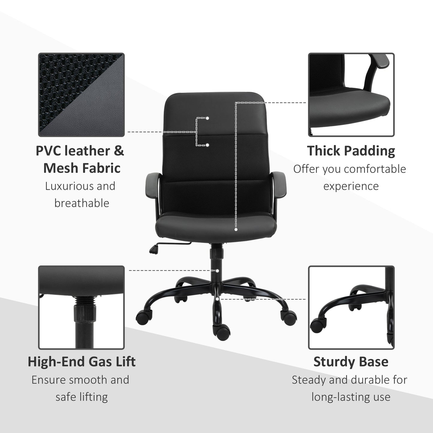 Vinsetto PVC Leather & Mesh Panel Blend Office Chair Swivel Seat w/ Padding Ergonomic Desk Adjustable Height Tilt 5 Wheels Stylish Black