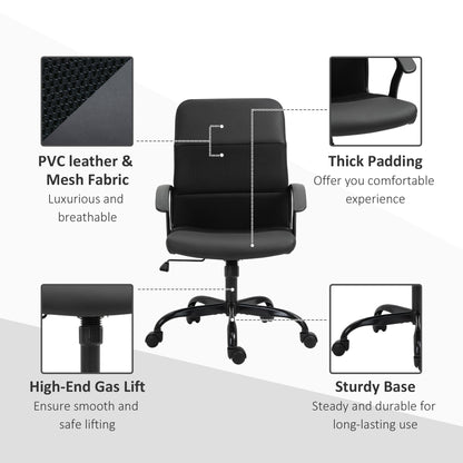 Vinsetto PVC Leather & Mesh Panel Blend Office Chair Swivel Seat w/ Padding Ergonomic Desk Adjustable Height Tilt 5 Wheels Stylish Black