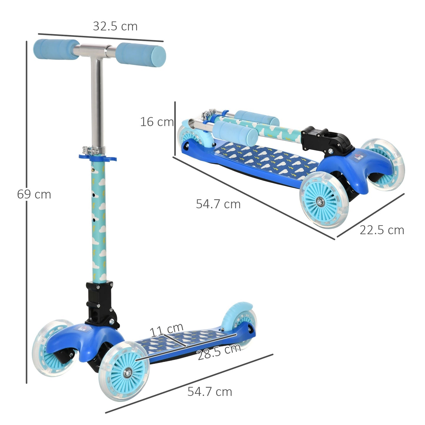 Homcom Foldable Scooter for Kids with 3 Wheel Adjustable Height Flashing Wheels