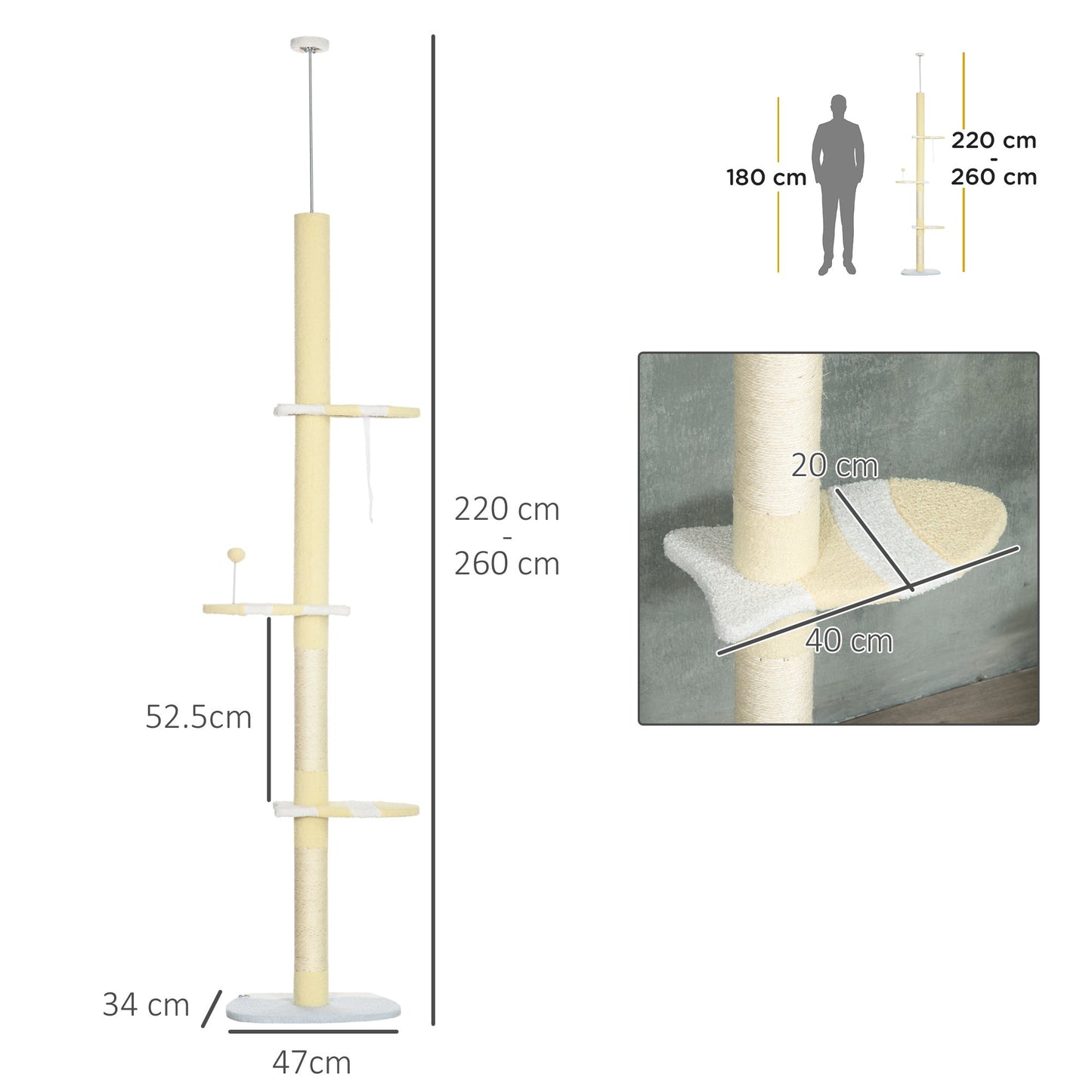 PawHut 260cm Floor to Ceiling Cat Tree