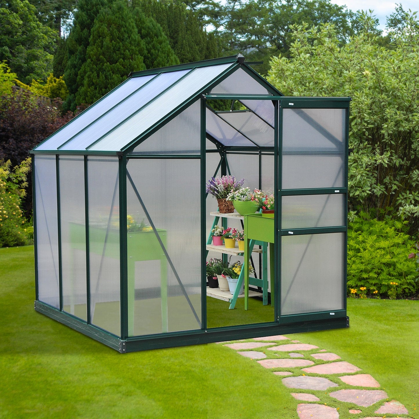 Clear Polycarbonate Greenhouse Large Walk-In Green House Garden Plants Grow Galvanized Base Aluminium Frame w/ Slide Door 6 x 6ft