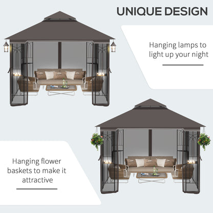 Outsunny 3 X 3M Metal Gazebo Garden Outdoor 2-Tier Roof Marquee Party Tent Canopy Pavillion Patio Shelter With Netting And Shelf Coffee