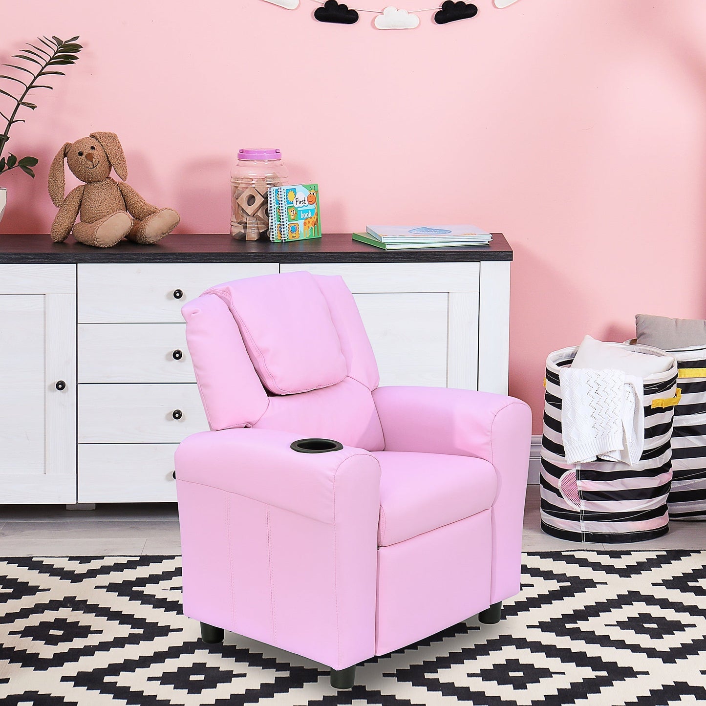 Kids Children Recliner Lounger Armchair Games Chair Sofa Seat PU Leather Look w/ Cup Holder Pink