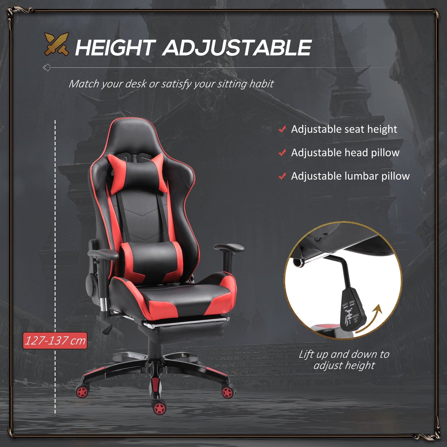 High-Back Gaming Chair Swivel Home Office Computer Racing Gamer Recliner Chair Faux Leather with Footrest