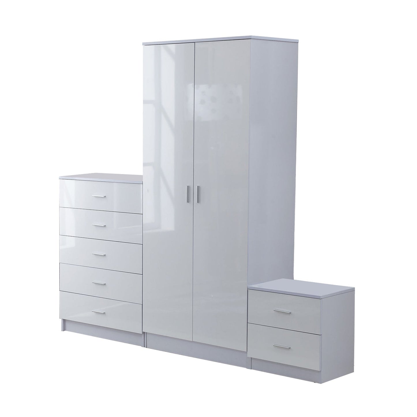 High Gloss 3-Piece Trio Bedroom Furniture Set Wardrobe + Chest Of Drawer + Bedside White