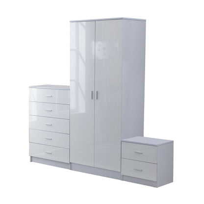 High Gloss 3-Piece Trio Bedroom Furniture Set Wardrobe + Chest Of Drawer + Bedside White